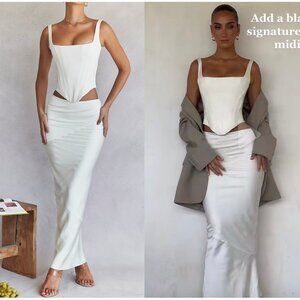 HOUSE OF CB Colette Fitted Satin Midi Skirt in White Size Small